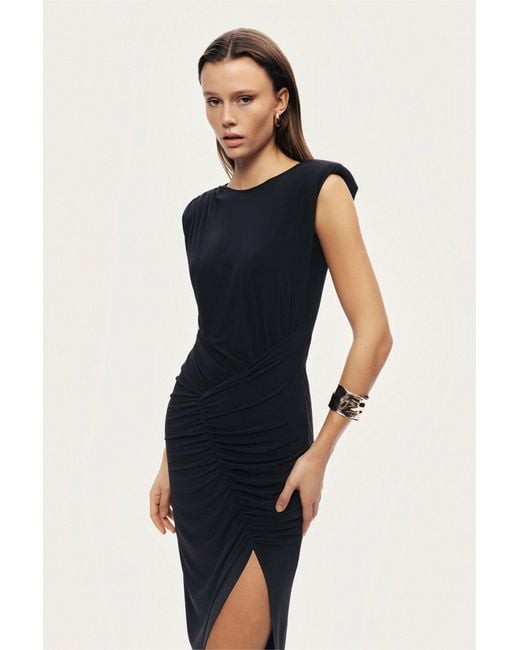 Nocturne Black Ruched Side-Slit Maxi Dress