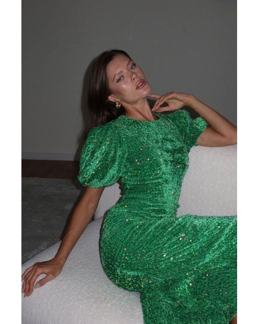 POST MERIDIEM Green Sequin Decorated Velvet Puff Sleeve Midi Dress