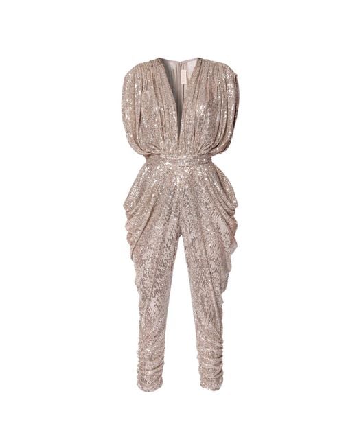 AGGI by HALEWSKI Gray Saddie Champagne Draped Sequinned Jumpsuit