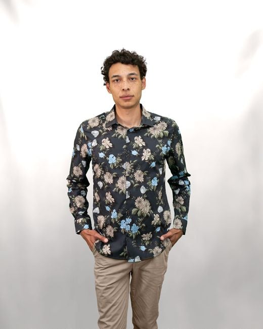 Lords of Harlech Gray Stretch Cotton Floral Shirt for men