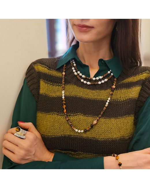 Farra Metallic Freshwater Pearls With Tiger Eye Double Layers Necklace