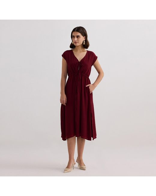 REISTOR Deep V-Neck Gathered Crepe Dress