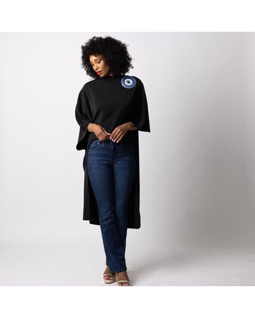 Laines London Black Laines Couture Asymmetric Blouse Cape With Embellished Evil Eye