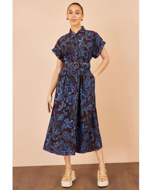 Yumi' Blue Paisley Midi Shirt Dress