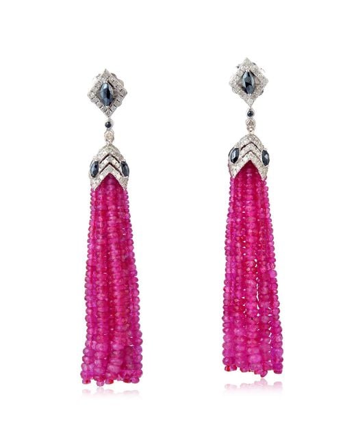 Artisan Pink Beaded Ruby, Spinel & Diamond Tassel Earrings