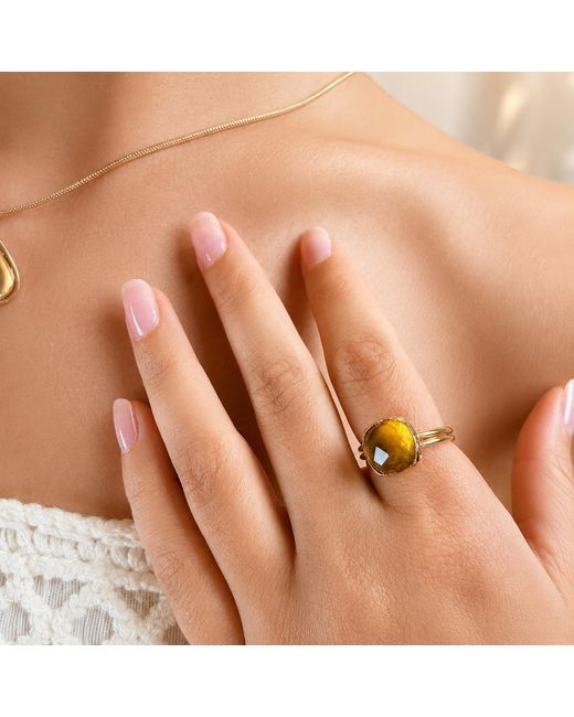 By Ozge Metallic Natural Golden Citrine Plated Adjustable Statement Ring