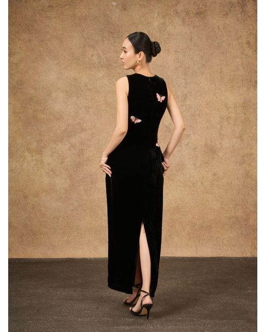 Silk and Bears Black Hand-Embroidered Silk Velvet Maxi Evening Dress — Butterfly — Velvet Atelier