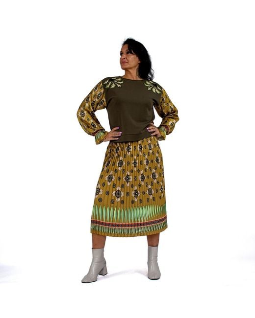 Lalipop Design Green Abstract Khaki Flower Print Pleated Midi Skirt