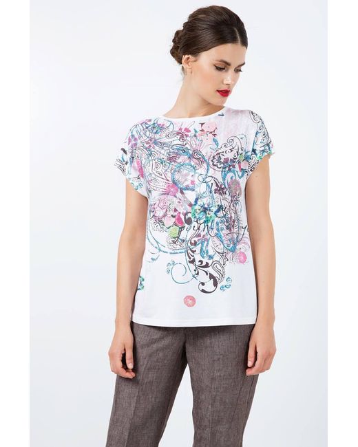 Conquista White Neutrals Boat Neckline Top With Multicoloured Print