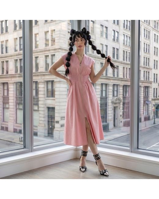 Modenaire Pink Zip Front Midi Dress Refined Silhouette