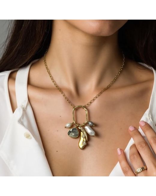 Rare Matters Jewelry Metallic Radiance Charm Natural Biwa Pearl Smoky Quartz Necklace