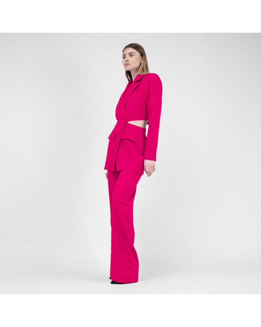 BLUZAT Pink Fuchsia Suit With Blazer With Waistline Cut-out And Stripe Detail Trousers