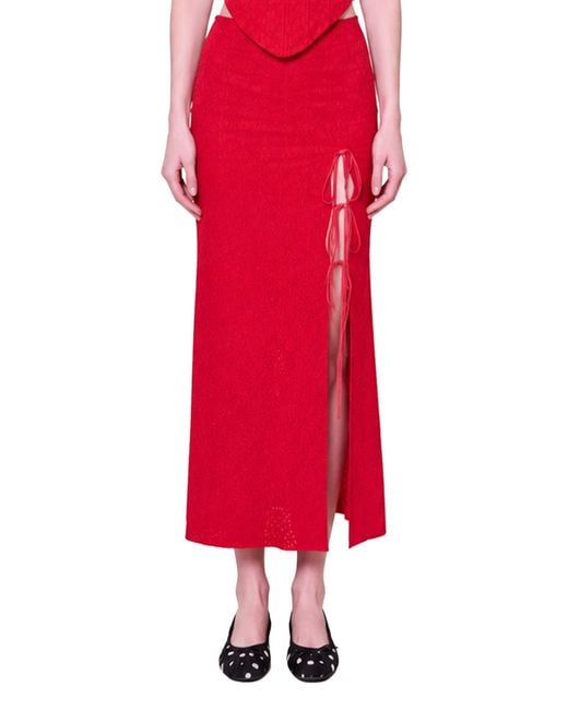 Pcfg The Broderie Anglaise Edit Embroidered Midi Skirt With Side Slit & Ribbon Tie