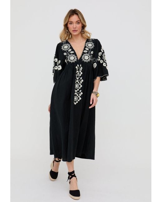Raffya Black Arianna V- Neck Embroidered Maxi Dress