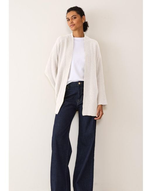 Loop Cashmere White Ribbed Detail Edge To Edge Cardigan