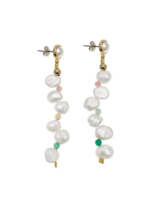 Farra White Flower Petal Freshwater Pearls With Colorful Stones Earrings