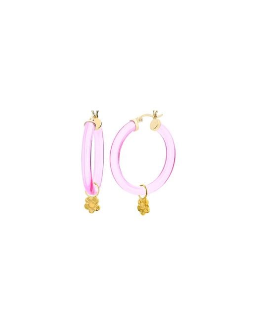 Gold & Honey Pink Flower Charm Hoop Earrings