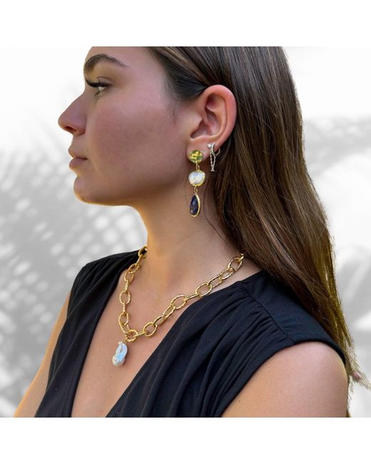 Ebru Jewelry Metallic Majestic Pearl Stone Pendant Link Chain Necklace