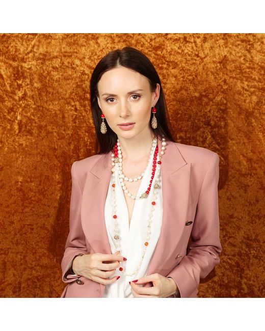 Farra Metallic Coral With Teardrop Rhinestones Statement Earrings