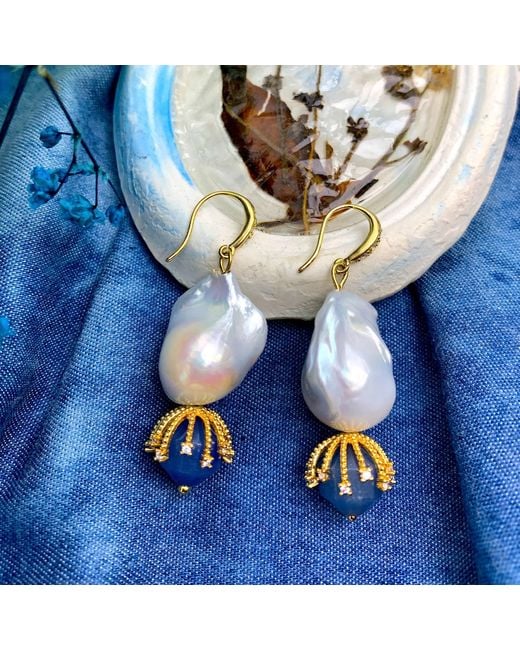 Farra Blue Baroque Pearl With Aventurine Dangle Earrings