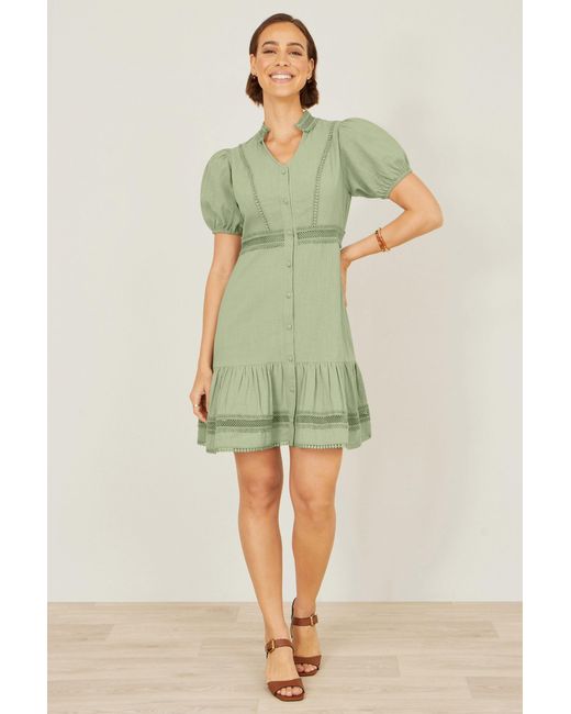 Yumi' Green Cotton Lace Trim Skater Shirt Dress