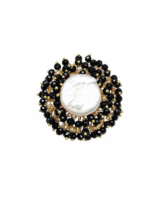 Farra Black Romantic Style Freshwater Pearl With Obsidian Cocktail Ring