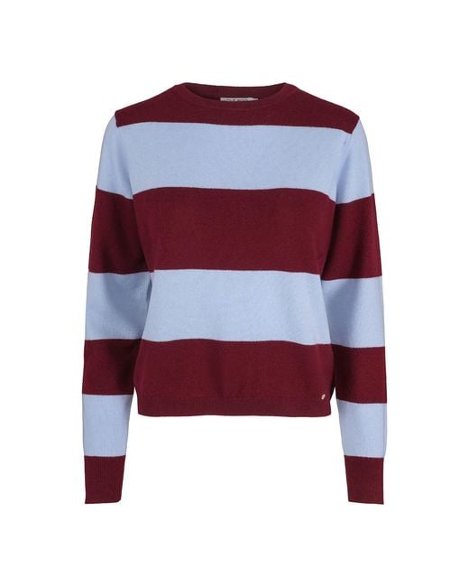 tirillm Red Sasha Basic Cashmere Pullover With Round Neck, Deep Burgundy With Light Stripes