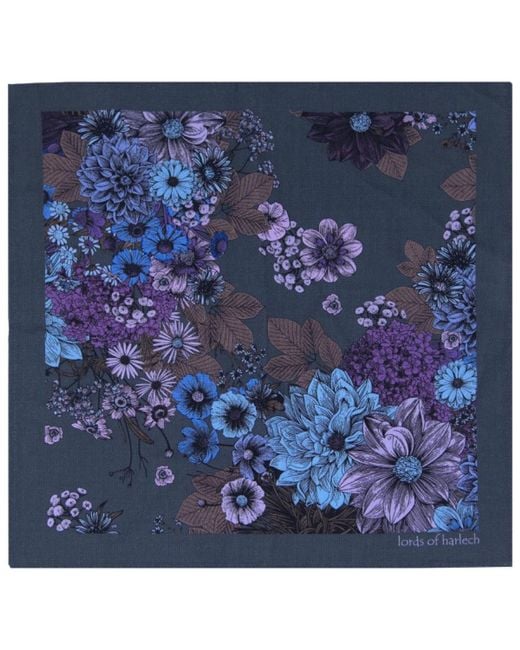 Lords of Harlech Blue Hudson Marco Floral Merino Handkerchief Pocket Square for men