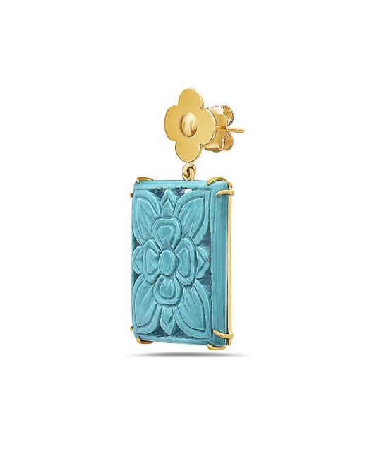 Artisan Blue Carved Turquoise Gemstone In 18k Yellow Gold Designer Dangle Earrings