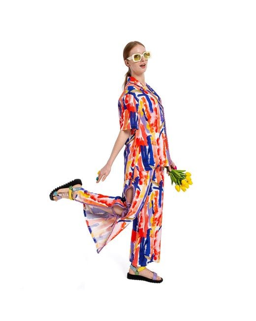 Lalipop Design Blue Abstract Printed Linen Shirt With Hand-Embroidered Detail