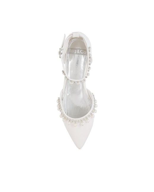 Rag & Co White Aouva Rhinestone & Pearl Ankle Strap Flat Sandals