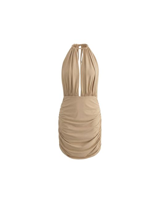 Aisl Natural Champagne Void Ruched Halter Mini Dress