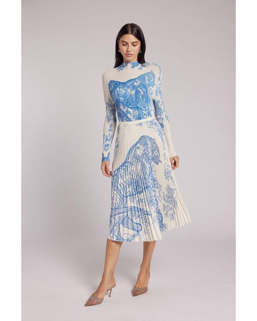 Wild Cosmos Blue Juliet Toile De Jouy Pleated Skirt