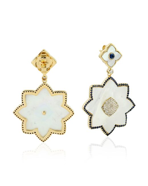 Artisan Metallic Flower Sapphire Natural Mother Of Pearl Dangle Earrings 18k Yellow Gold