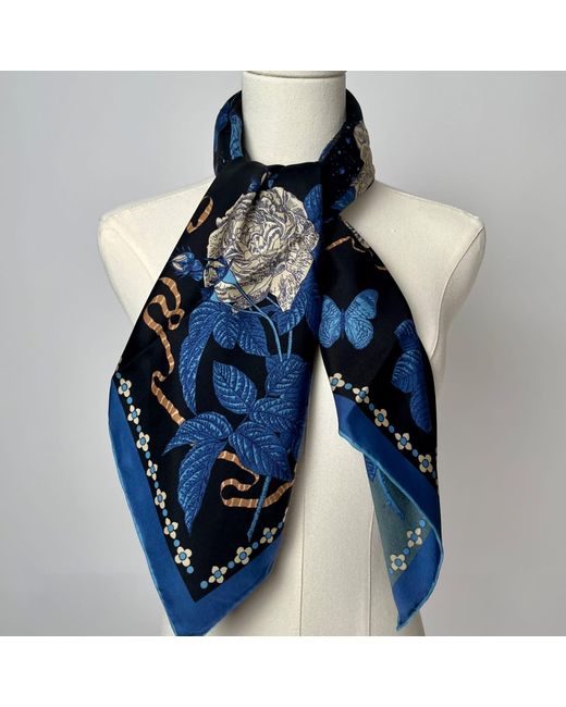 Wenzi Blue Midnight Roses Hand Painted Pattern Double Sided Silk Twill Scarf