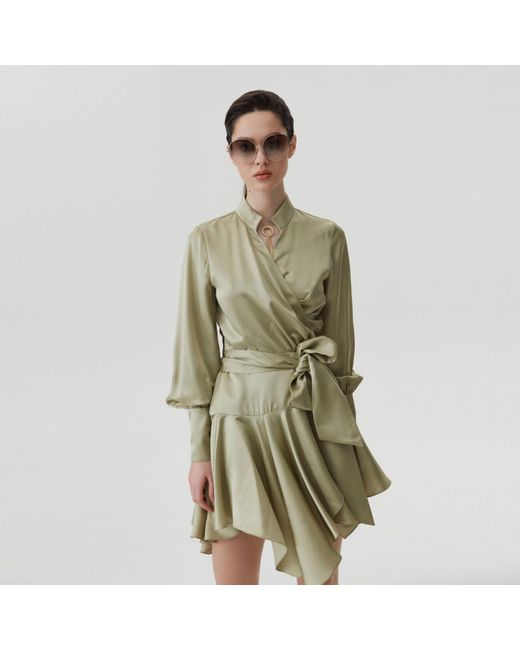 Lita Couture Natural Ruffle Hem Silk Wrap Dress