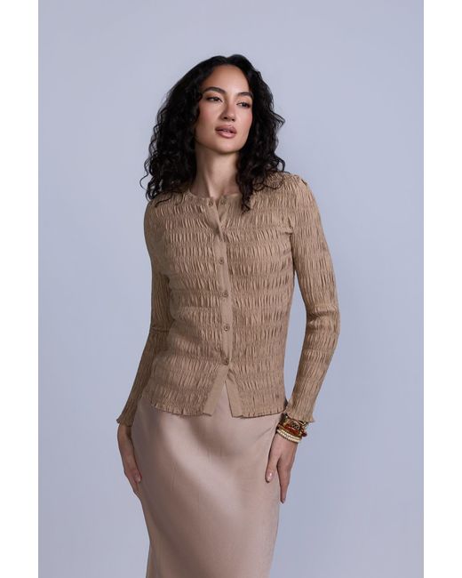 Rave on Trend Natural Ruched Button-Down Top
