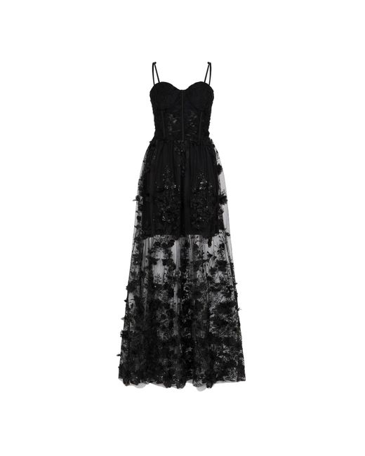 Sour Figs Black Floral Embellished Bustier Sheer Gown