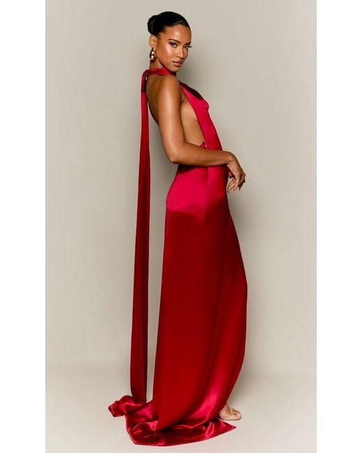 Moda Glam Red Muse Cowl Neck Open Back Gown