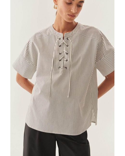 Exquise Gray Relaxed Striped Eyelet Lace-Up Blouse