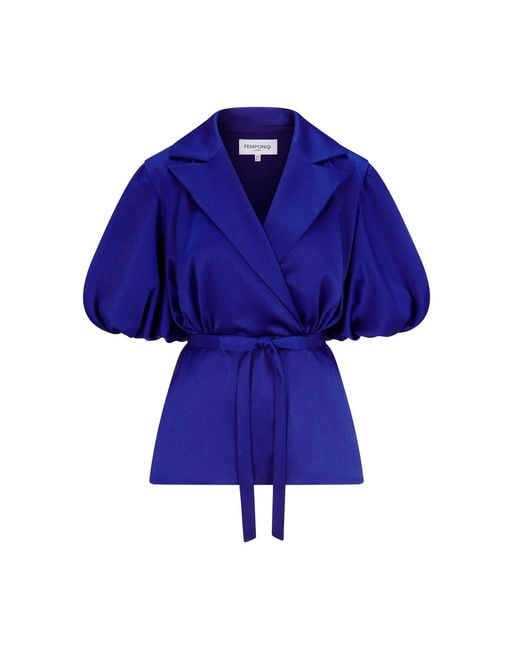 Femponiq Blue Draped Puff Sleeve Belted Blouse