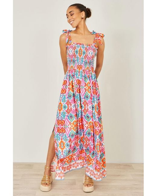Yumi' Red Multicolour Ikat Print Maxi Viscose Sun Dress
