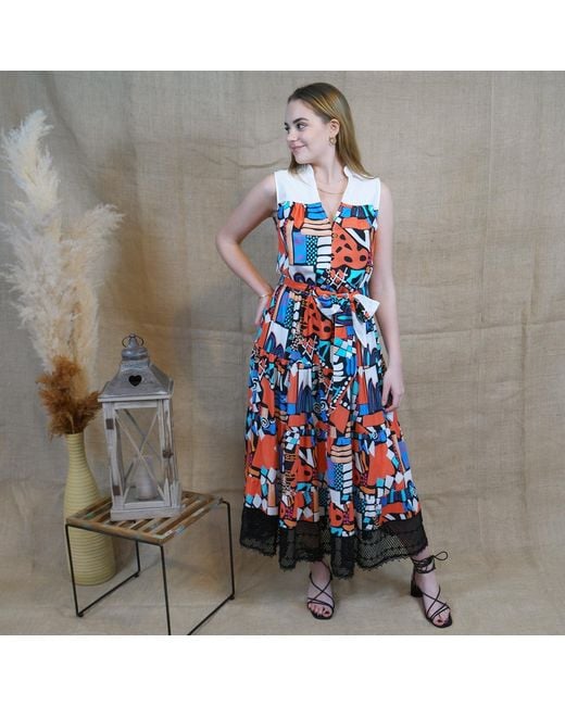 Lalipop Design Blue Long Sleeveless Voile Dress With Black Embroidery Detail