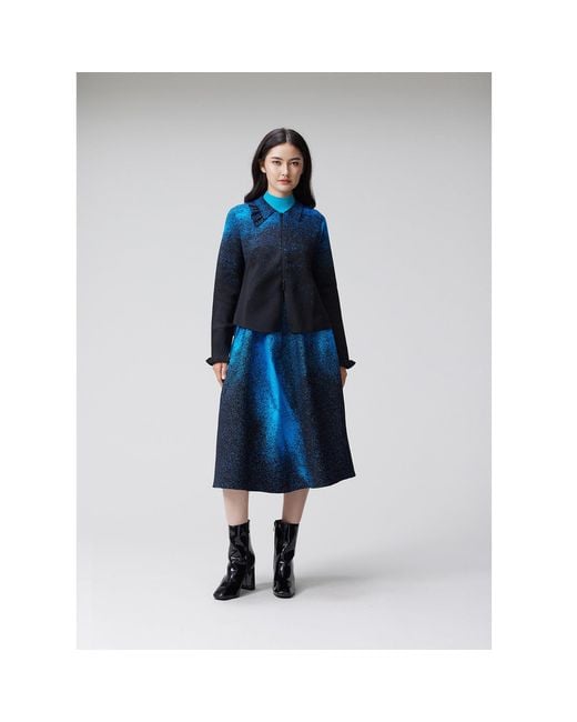 Arto. Blue Knitted Ruffles Flared Polo Top Jacket