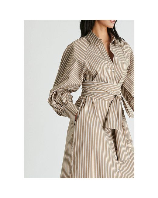 Paisie Natural Neutrals Striped Volume Sleeve Shirt Dress With Matching Tie Belt