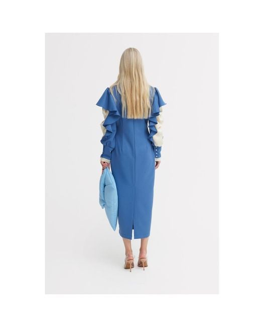 Julia Allert Blue Occasion Midi Dress With Ruffled Sleeves