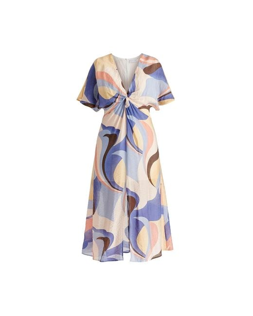 Paisie Blue Retro Wave Midi Dress With Twist Detail, Pastel, And