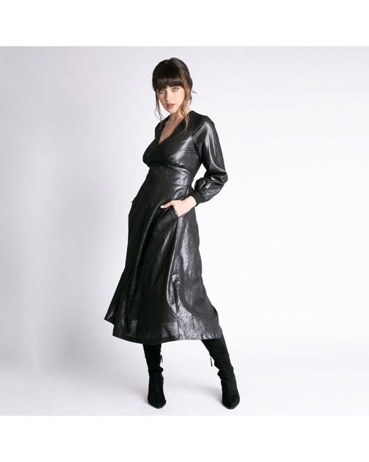 Larisa Dragna Black Linen Midi Dress With Metallic Sheen