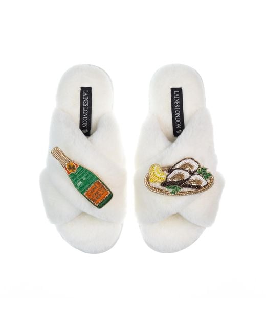 Laines London White Classic Laines Slippers With Oysters & Champers Bottle
