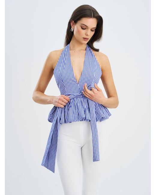 Miss Circle New York Blue Ilene & Checkered Bubble Hem Halter Top